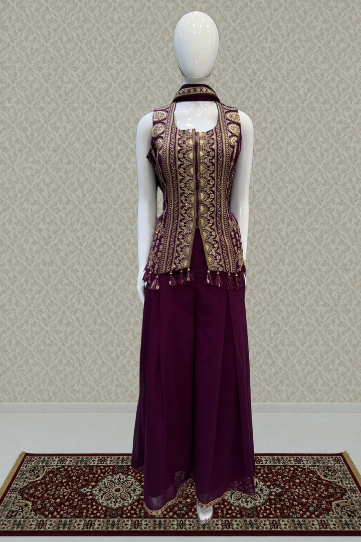 Wine Zari, Sequins, Stone and Beads work Top with Flared Palazzo Set