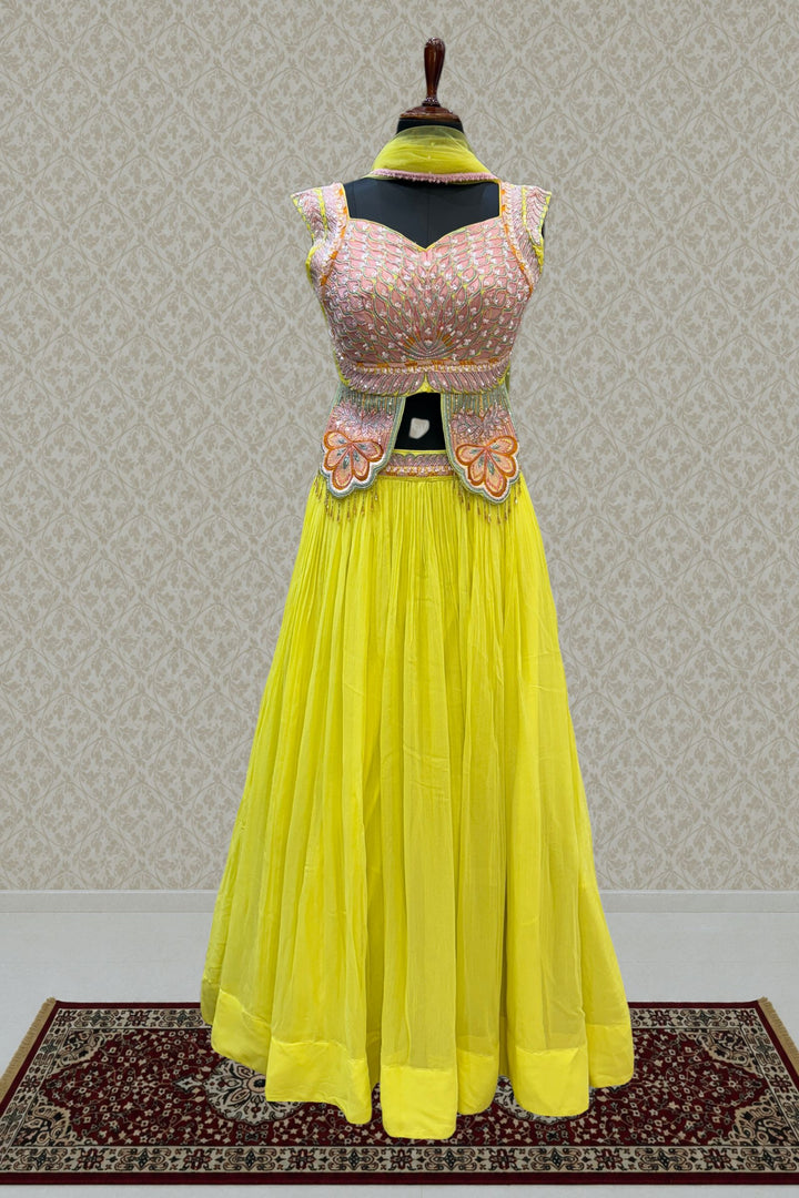 Lemon Yellow Multicolor Embroidery, Sequins and Beads work Crop Top Lehenga
