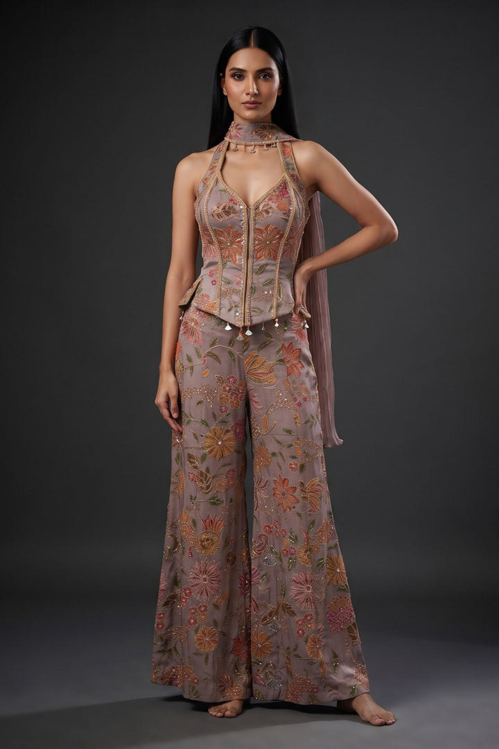 Lilac Halter Neck Palazzo Set with Zardozi, Zari, Beads, Sequins, Stone and Mirror Detailing