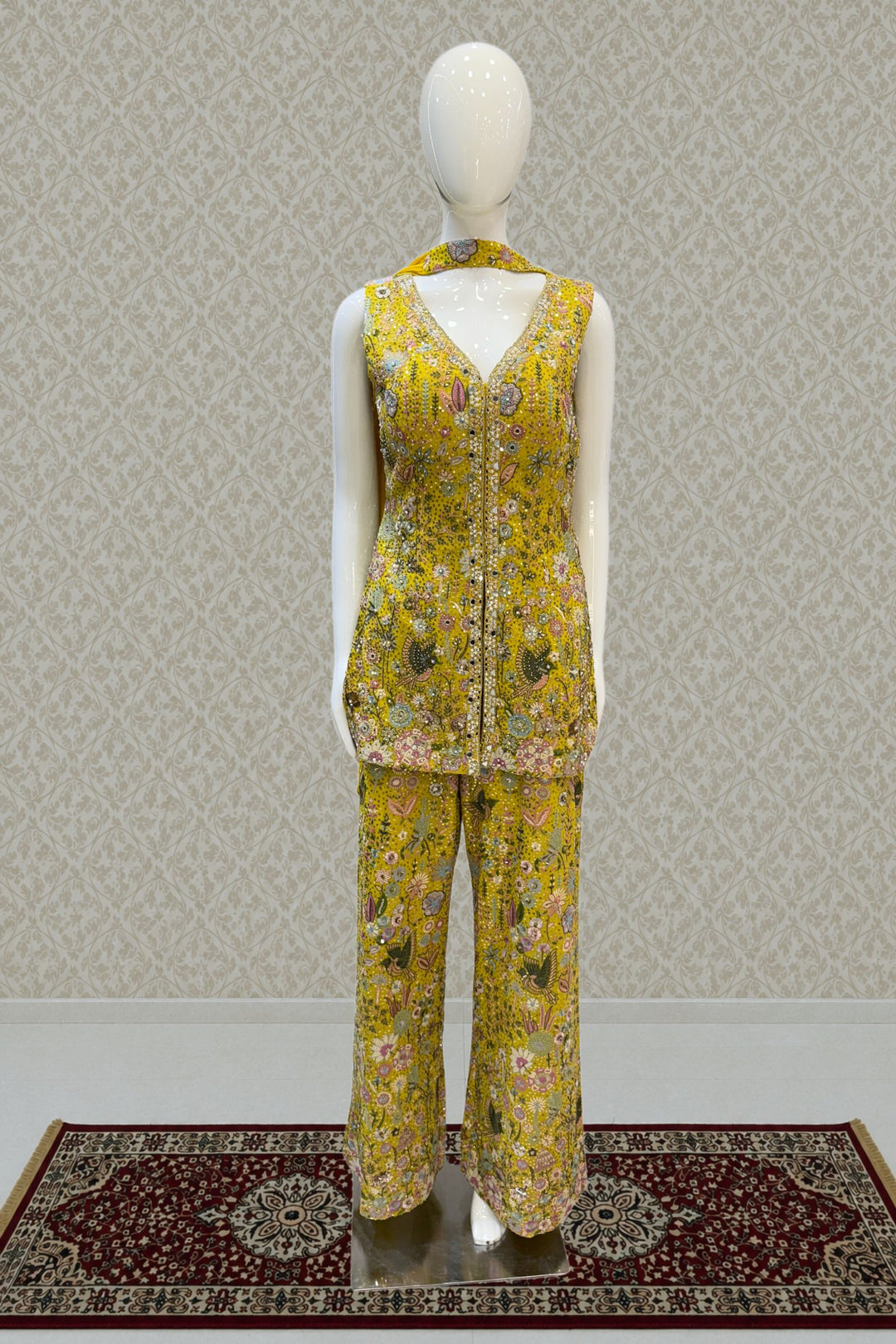 Yellow Multicolor Embroidery, Sequins, Pearl, Stone and Mirror work Salwar with Palazzo Pant