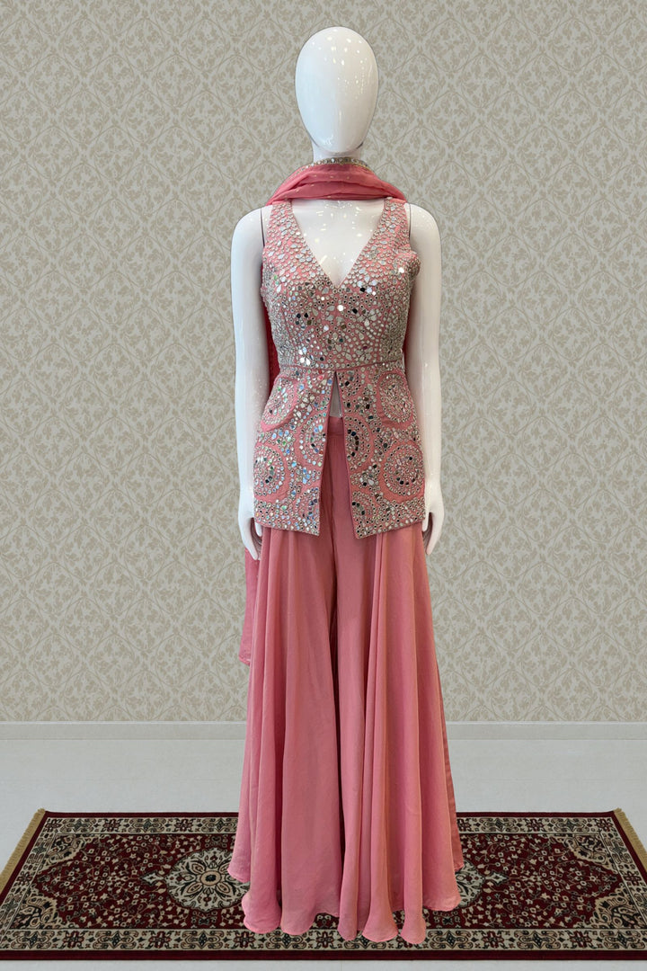 Pink Mirror, Zari and Stone work Top with Palazzo Pant Set