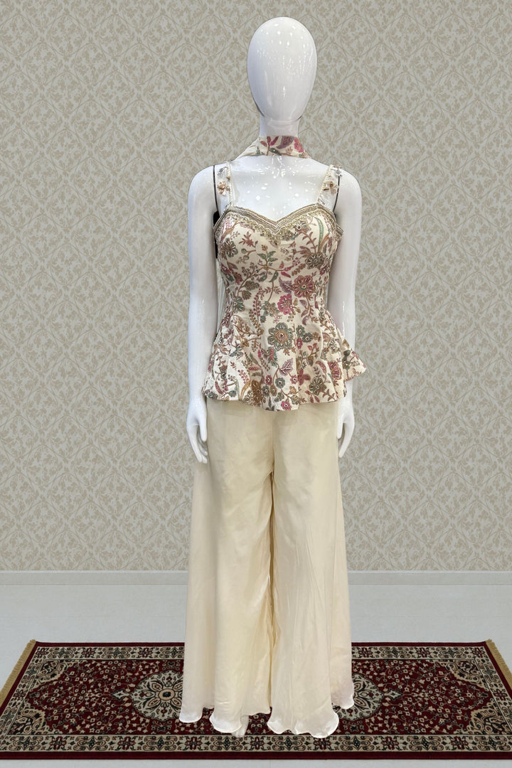Cream Floral Print Peplum Top and Flared Palazzo Set with Zari and Beads work