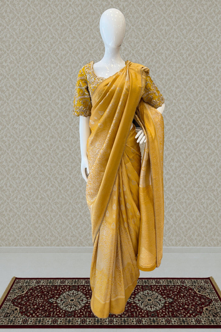 Yellow Zari work Saree with Pearl, Zardozi, Beads and Sequins work Readymade Blouse