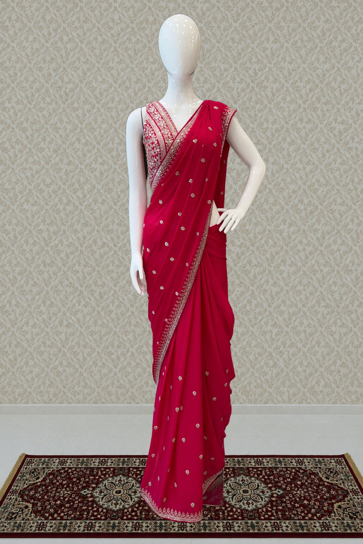Rani Pink Zari and Sequins work Saree