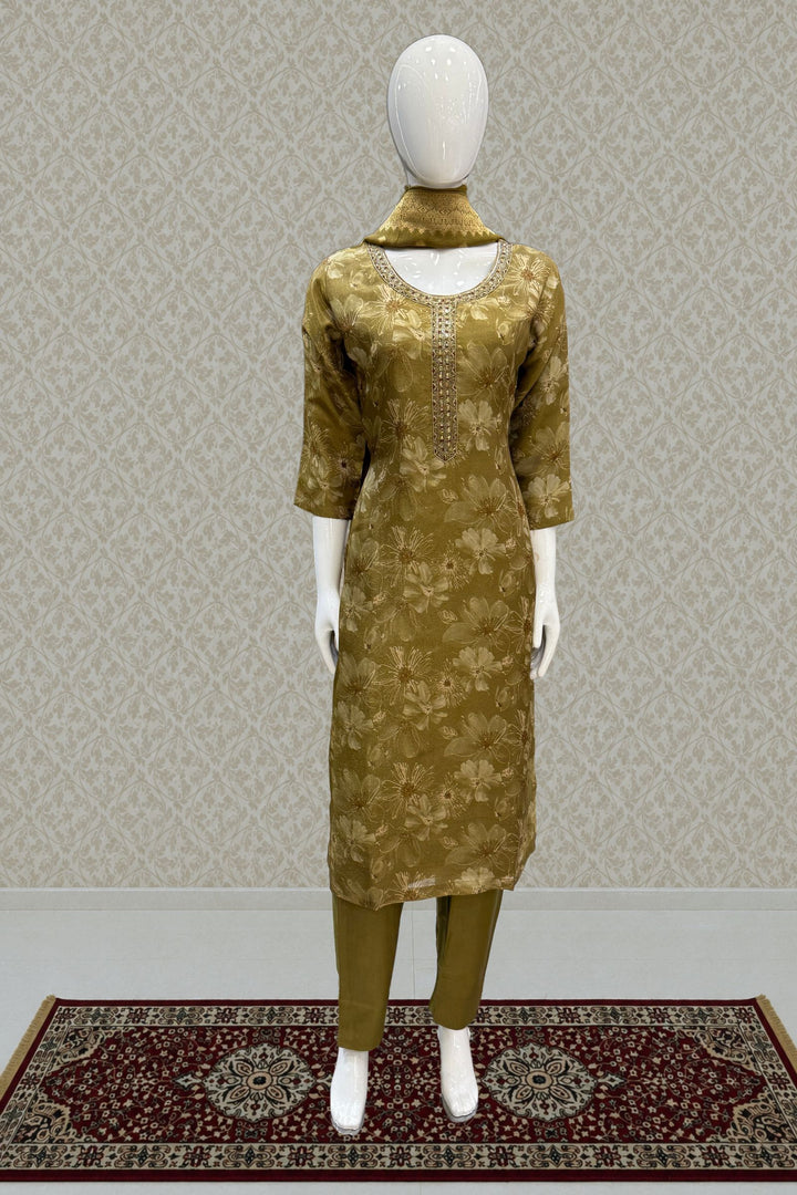 Olive Green Mirror, Zardozi and Banaras work with Floral Print Straight Cut Salwar Suit