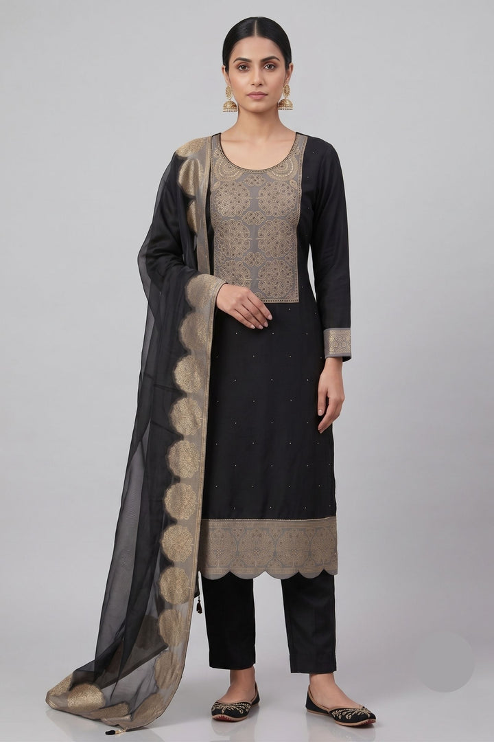 Black Beads, Sequins, Zardozi and Banaras work Straight Cut Salwar Suit