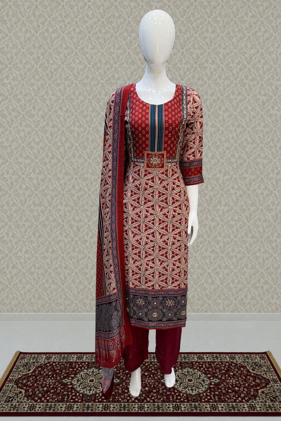 Maroon with Beige Sequins and Beads work with Ajrakh Print Straight Cut Salwar Suit