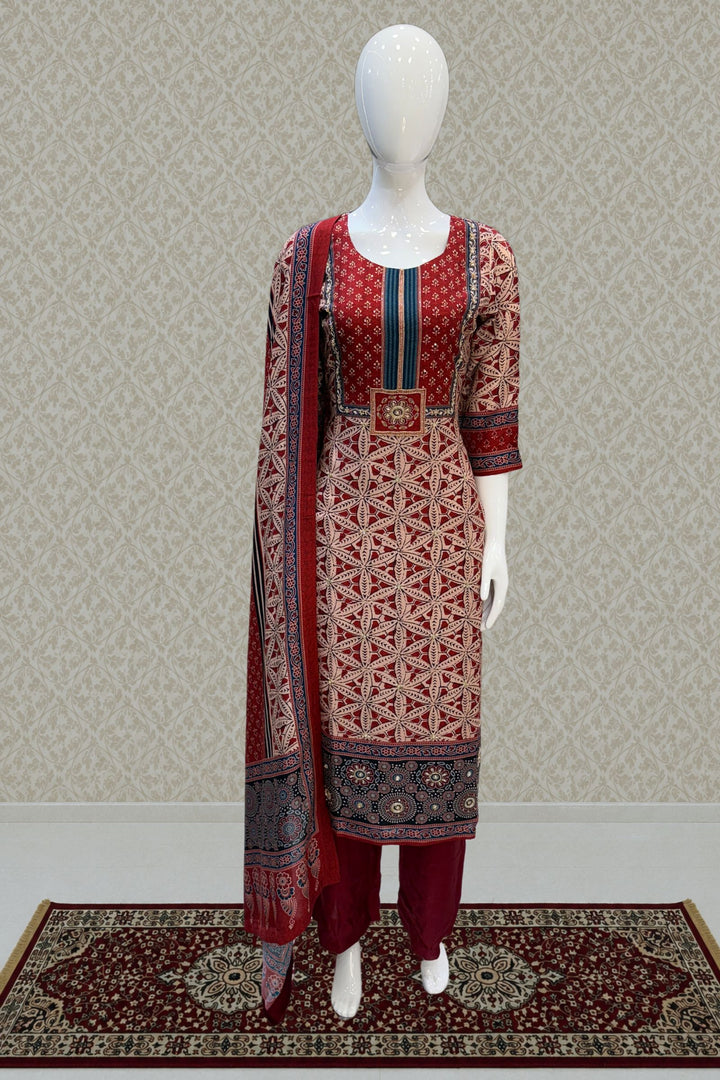Maroon with Beige Sequins and Beads work with Ajrakh Print Straight Cut Salwar Suit