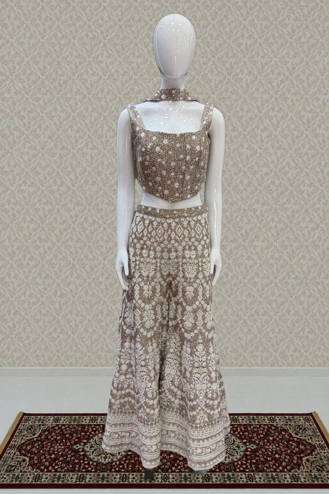 Beige Sequins, Stone and Thread work Crop Top with Palazzo Pant