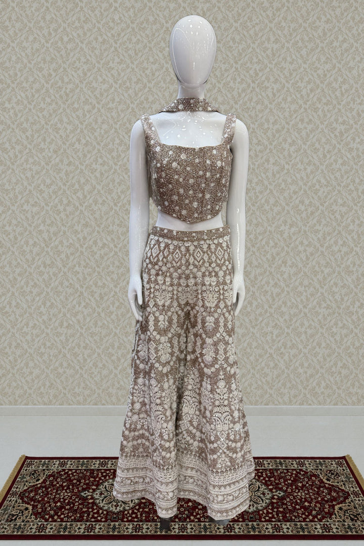 Beige Sequins, Stone and Thread work Crop Top with Palazzo Pant