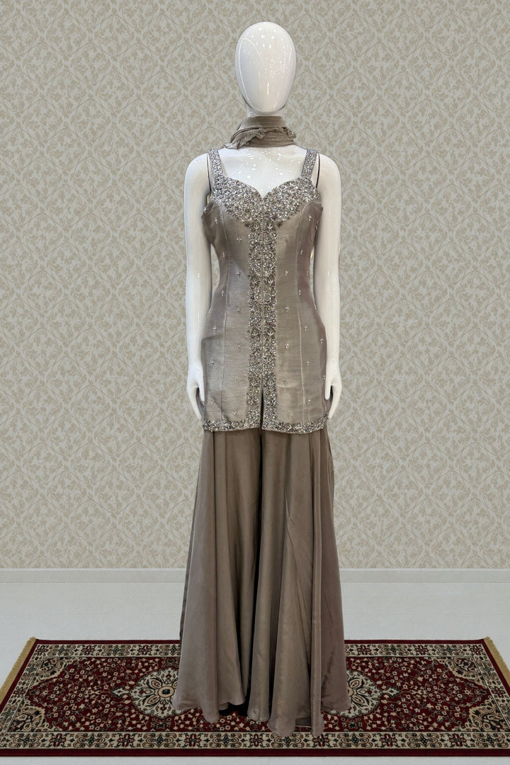 Grey Beads, Zardozi, Stone and Mirror work Palazzo Salwar Suit