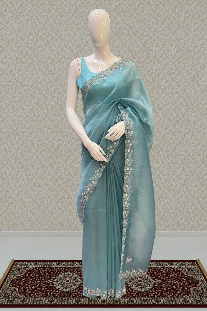 Sky Blue Stone, Sequins, Zardozi and Beads work Saree