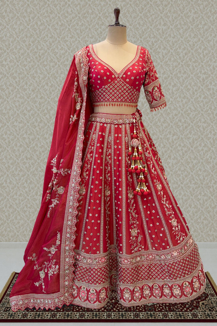 Coral Red Handworked Zardozi, Sequins, Pearl and Beads work Crop Top Designer Bridal Lehenga