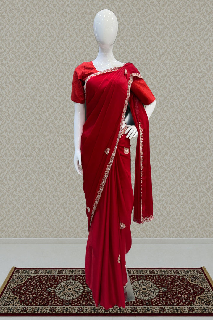 Red Satin Saree Featuring Exquisite Bead, Zardozi and Sequins