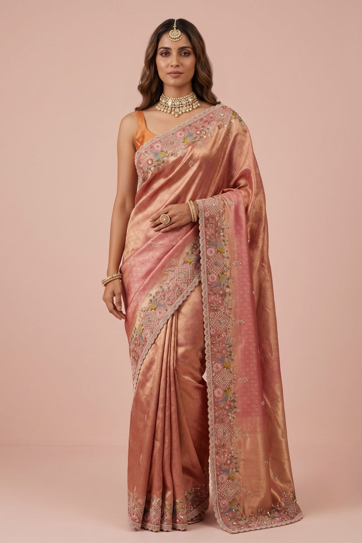 Copper Rose Gold Saree Featuring Banaras, Sequins and Beads work