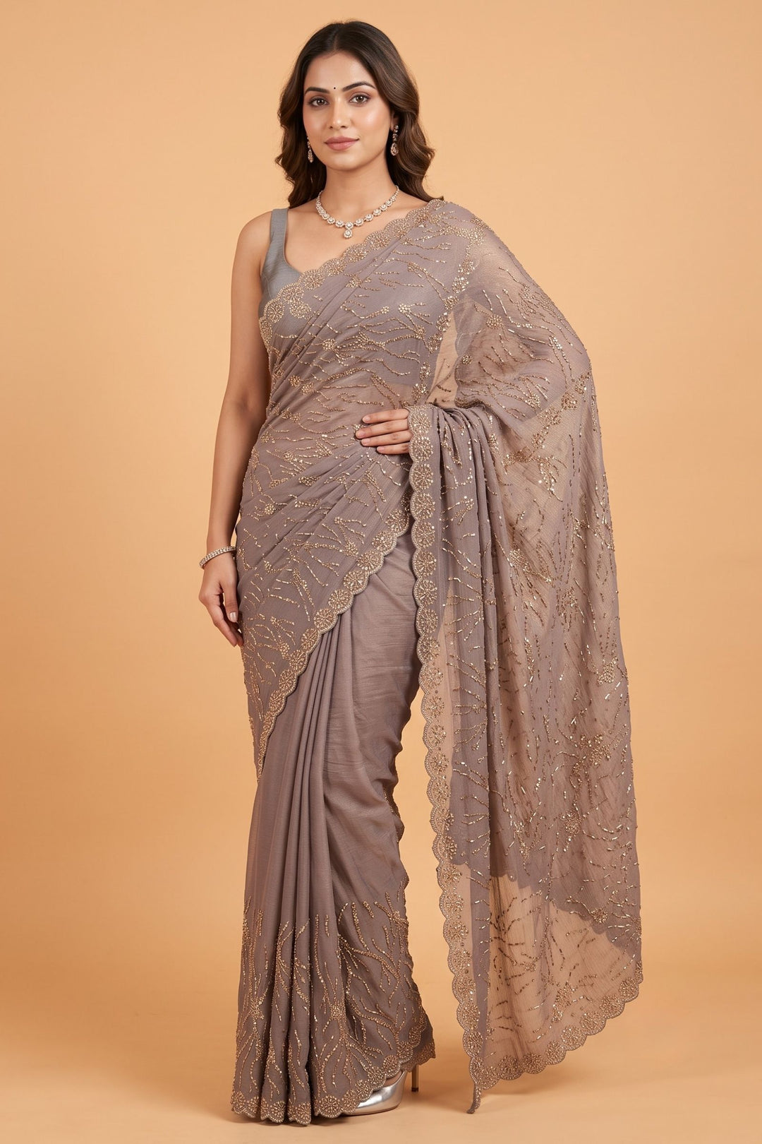 Grey Saree Featuring Stone and Beads work