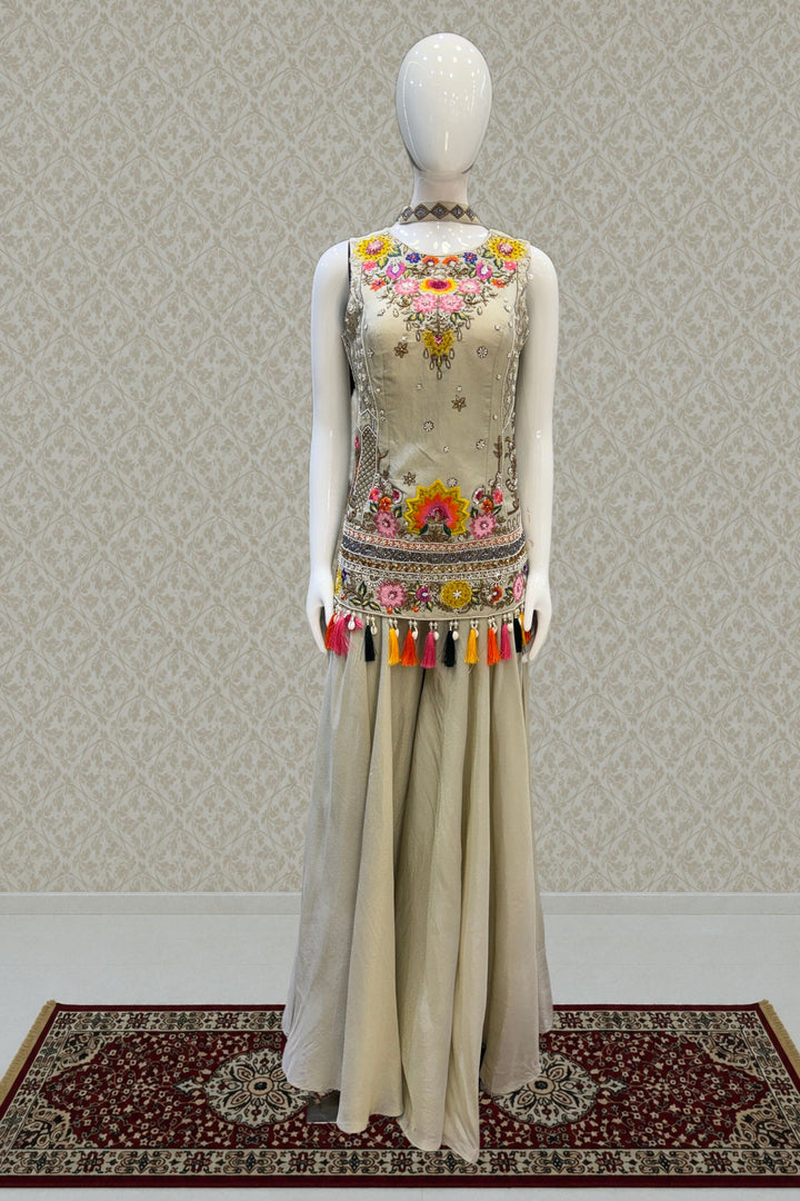 Designer Palazzo Set with Multicolor Embroidery, Beads, Zari, Sequins and Pearl Work