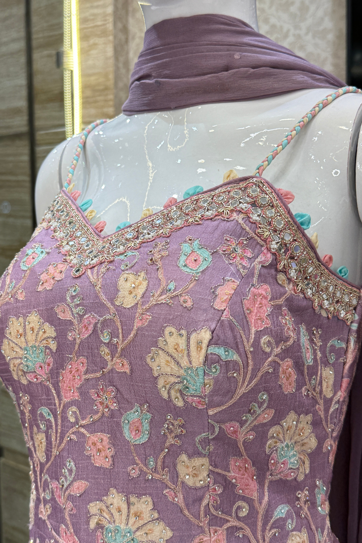 Lavender Zardozi, Mirror and Beads work with Multicolor Digital Print Palazzo Salwar Suit