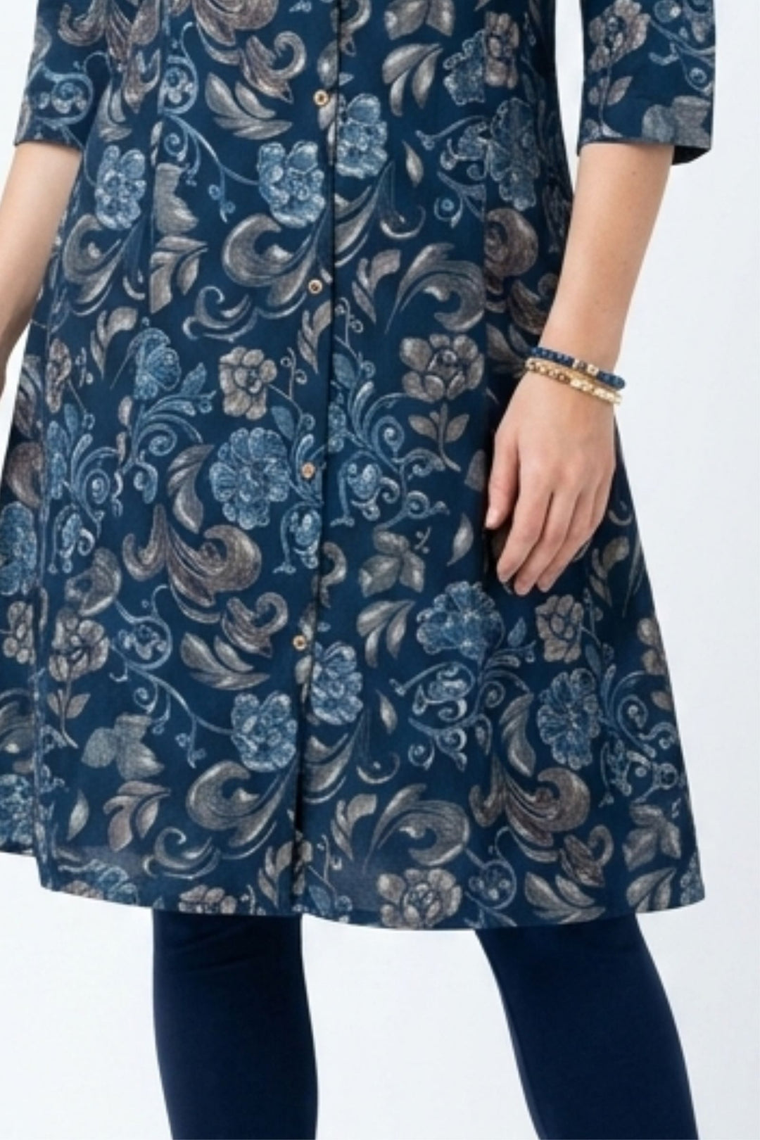 Navy Blue Digital Print A-Line Cut Calf Length Kurti