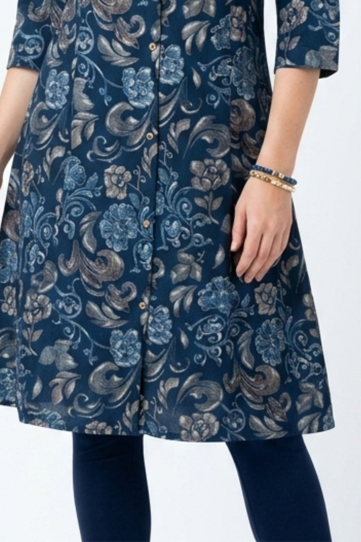 Navy Blue Digital Print A-Line Cut Calf Length Kurti