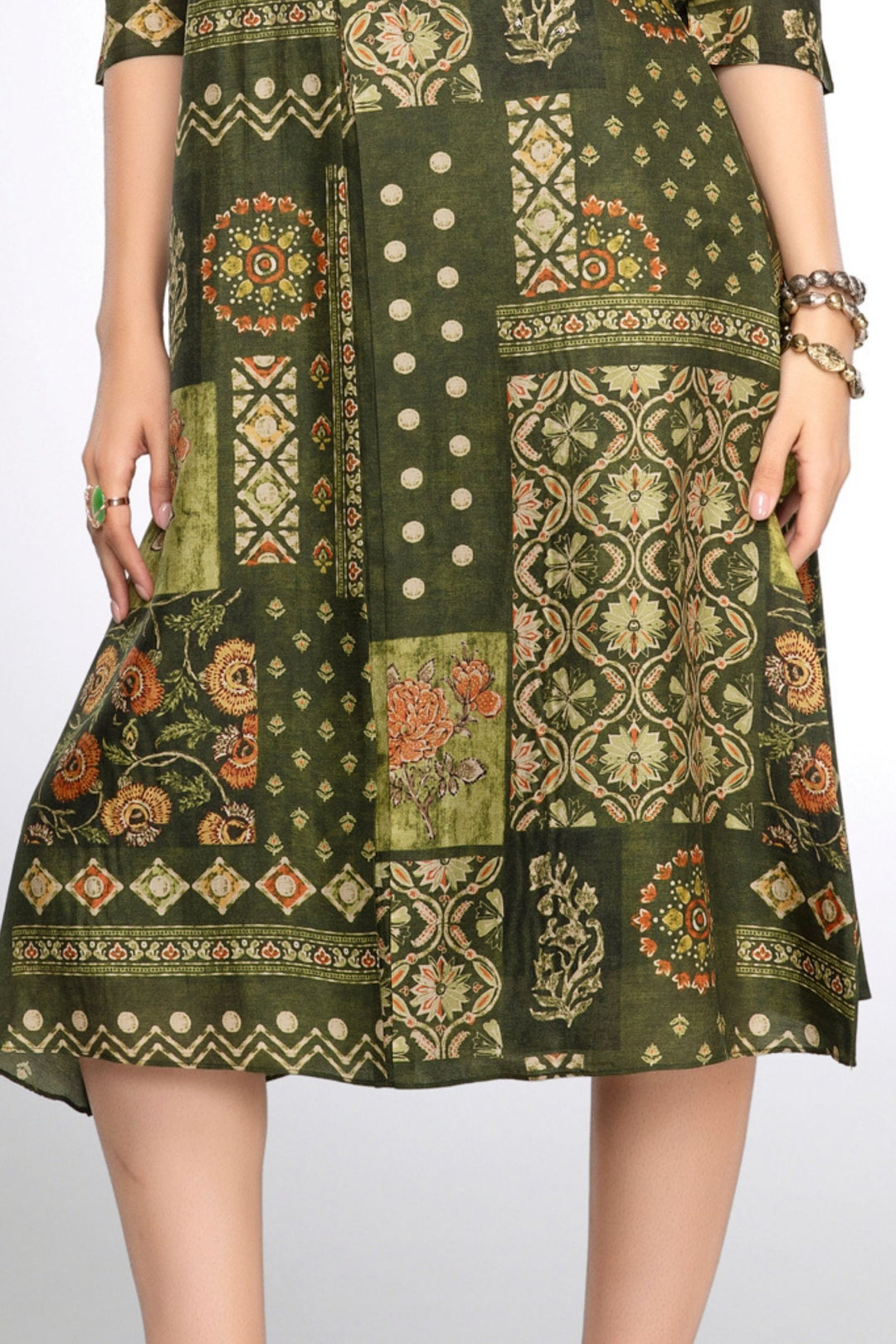 Green Sequins, Beads and Zari work with Digital Print A-line Cut Calf Length Kurti
