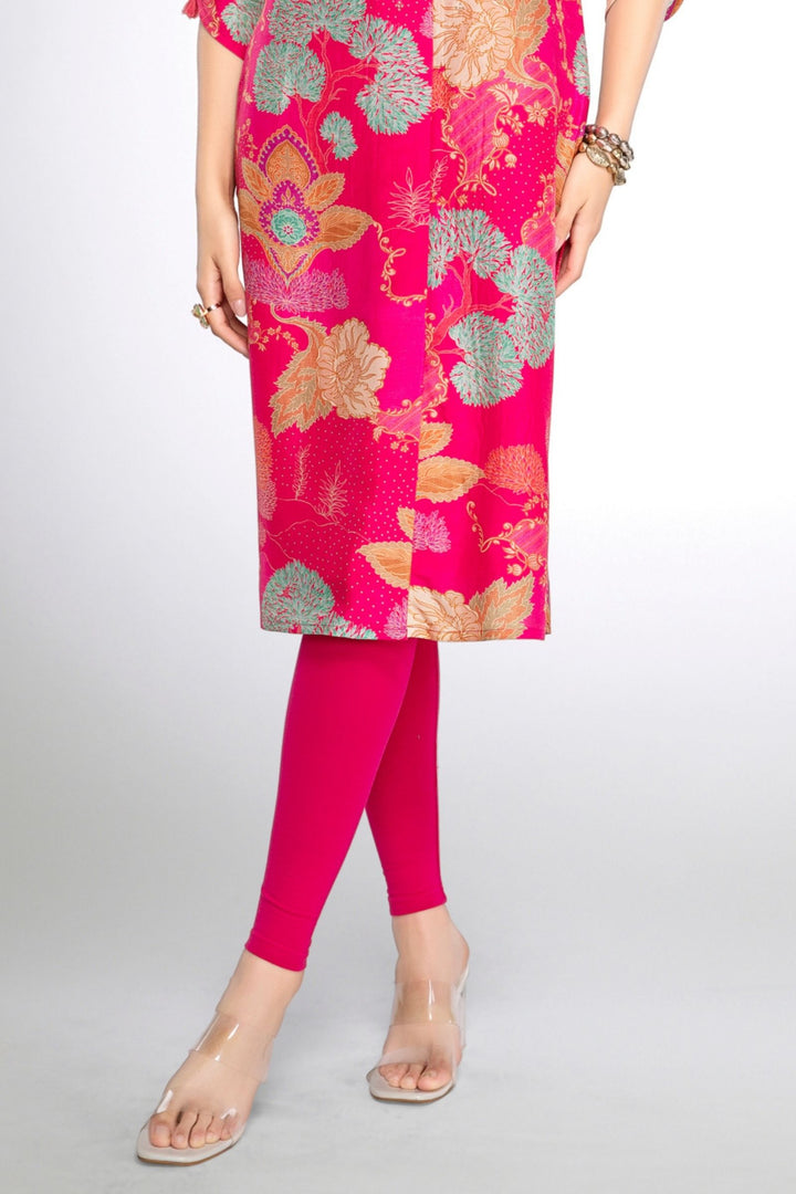 Rani Pink Floral Print with Stone work Calf Length Kurti