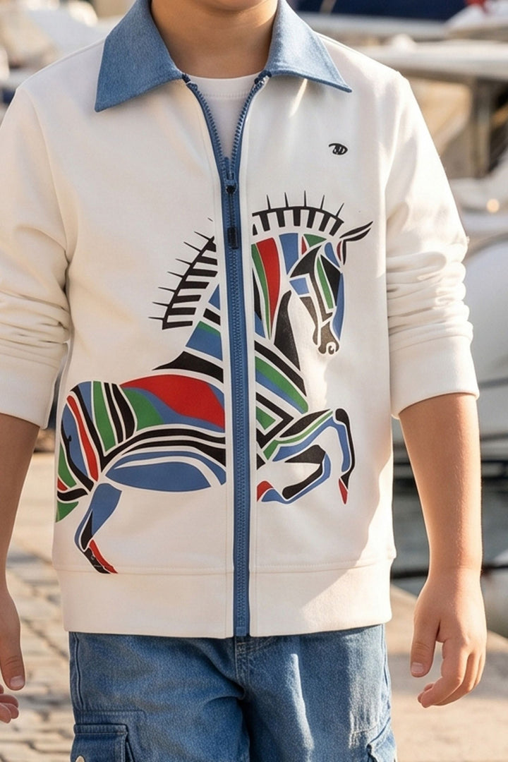 White Blazer, Printed T-Shirt and Blue Pant Set for Boys