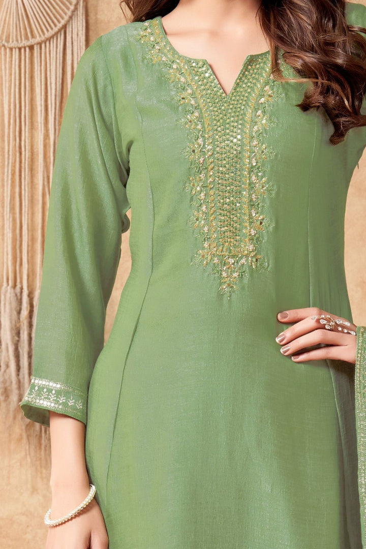 Pista Green Sequins, Beads, Mirror and Zari work A-line Cut Anarkali Styled Salwar Suit