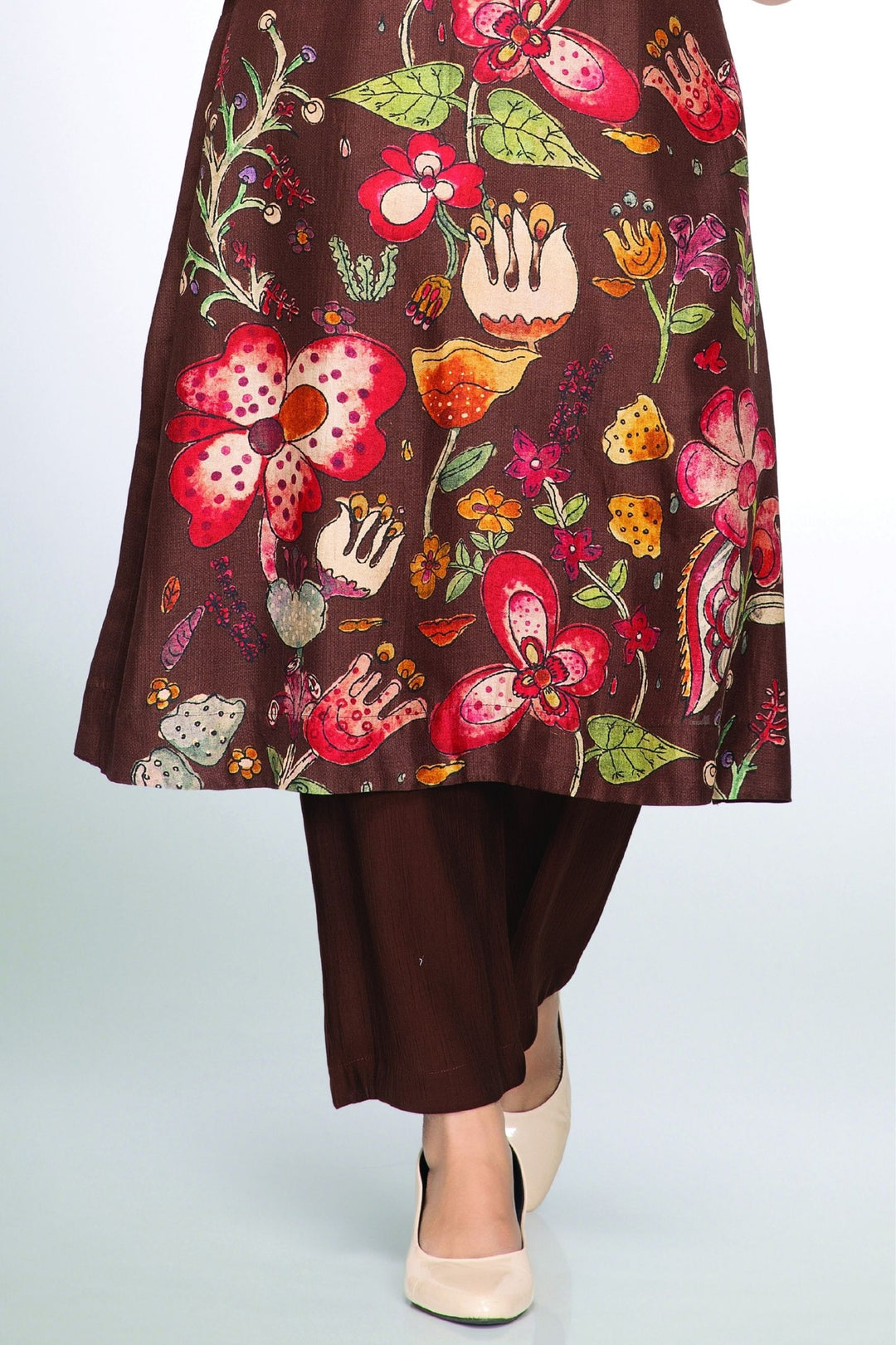 Coffee Brown Floral Print Straight Kurta Set