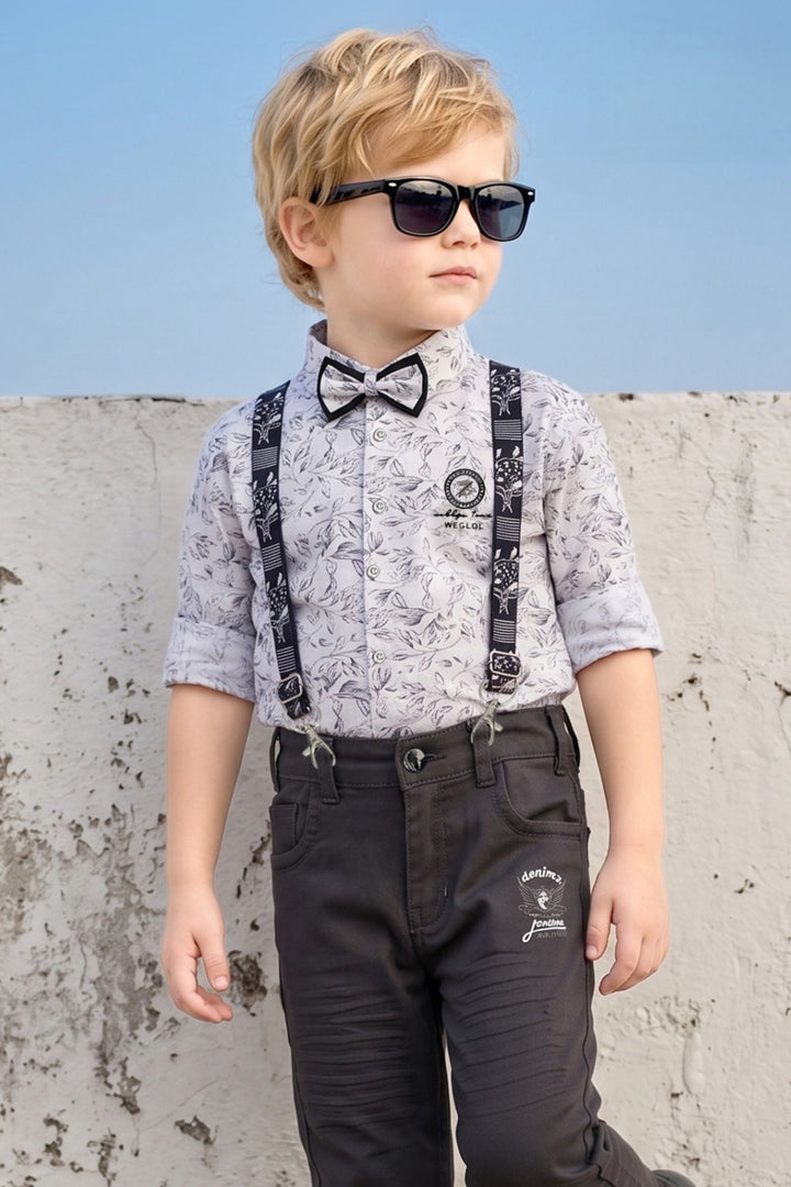 White with Dark Grey Digital Print Suspender Style Pant Shirt Set for Boys