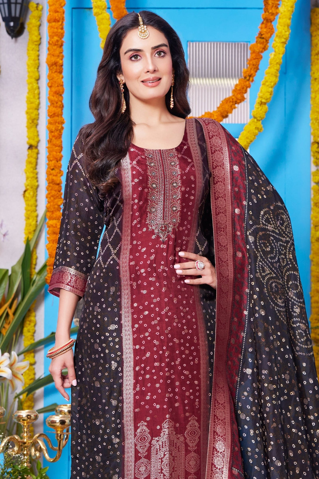 Wine with Maroon Bandini Print, Zardozi and Banaras work Straight Cut Salwar Suit