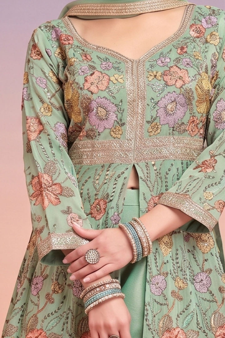 Sea Blue Floral Embroidery, Sequins and Zari work Mastani Styled Palazzo Suit