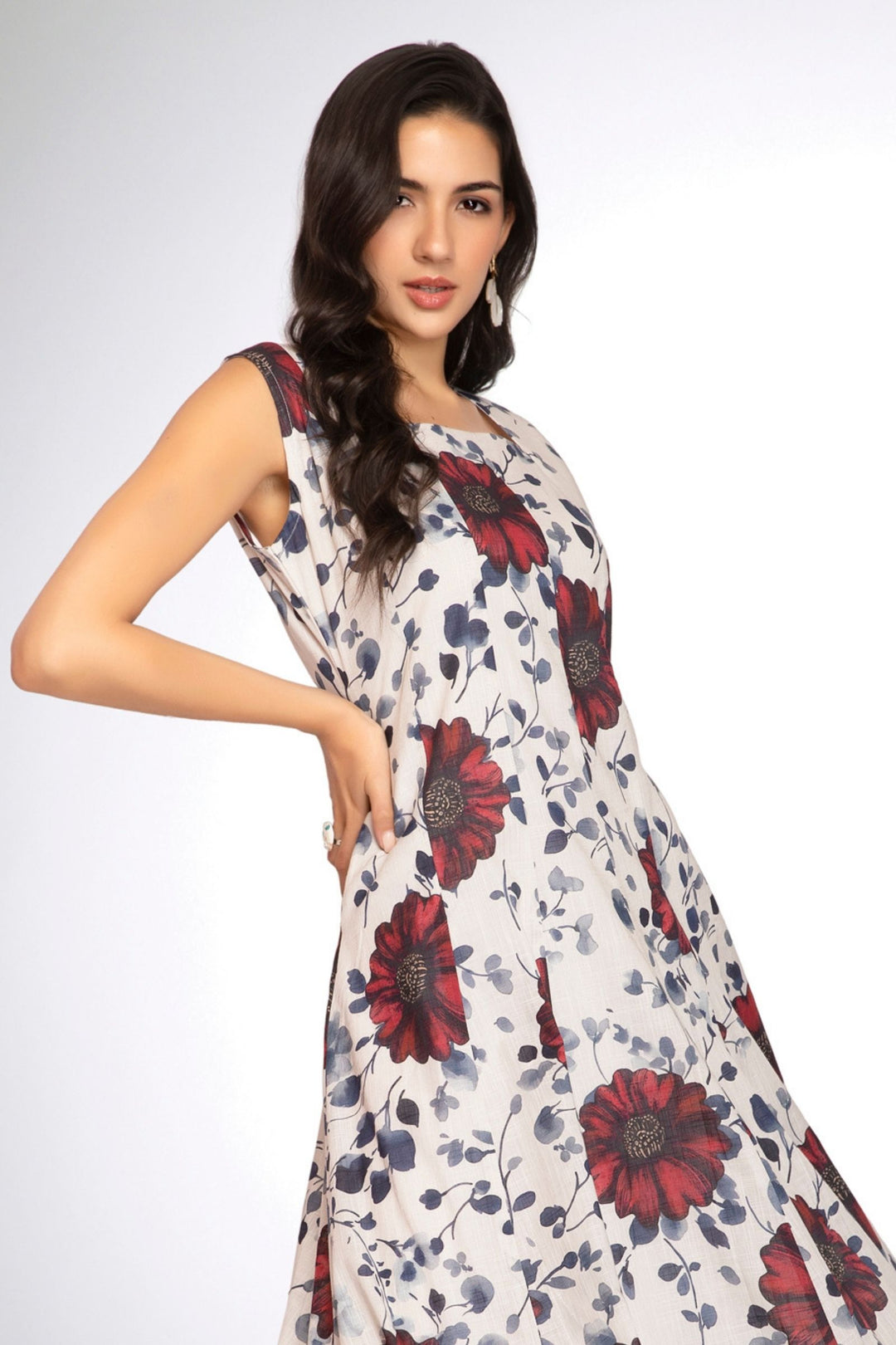 Half White with Floral Print Anarkali Styled Kurti