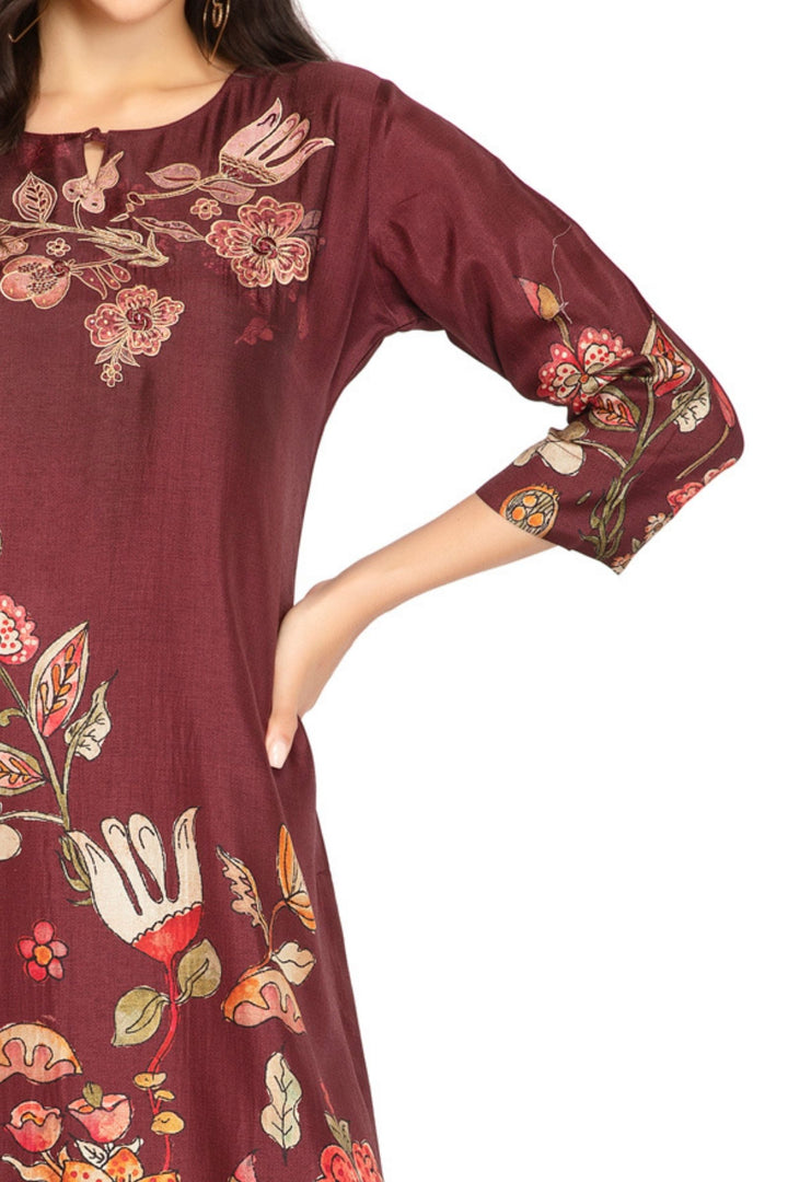 Maroon Floral Print Calf Length Kurti