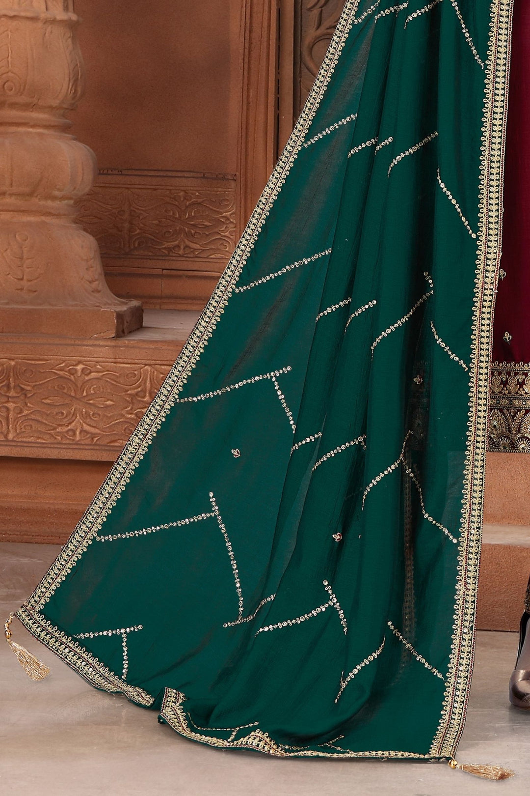 Maroon Sequins, Zari, Beads and Thread work Straight Cut Salwar Suit