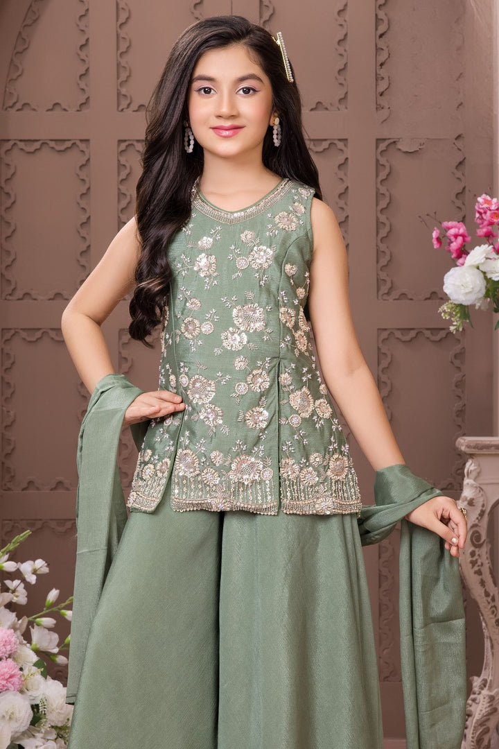 Mehendi Green Sequins, Beads and Thread work Palazzo Suit Set for Girls