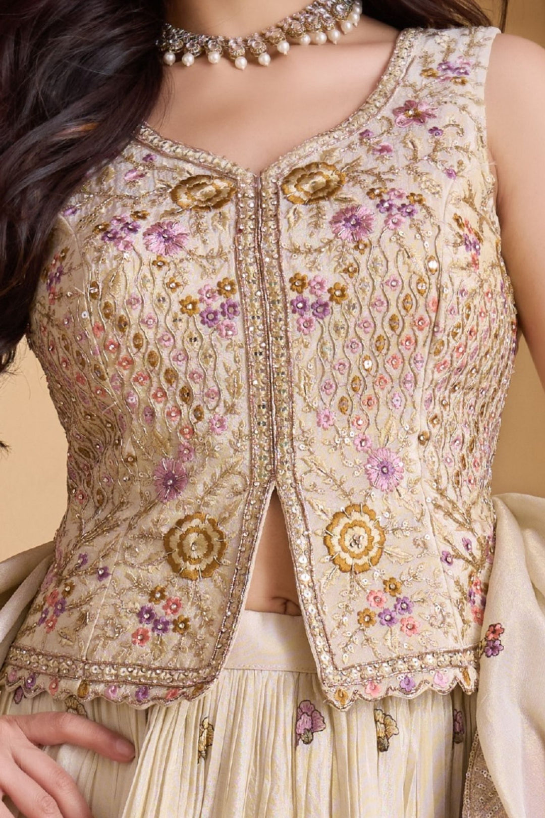 Cream Multicolor Embroidery, Stone, Sequins, Beads and Zardozi work Top with Lehenga