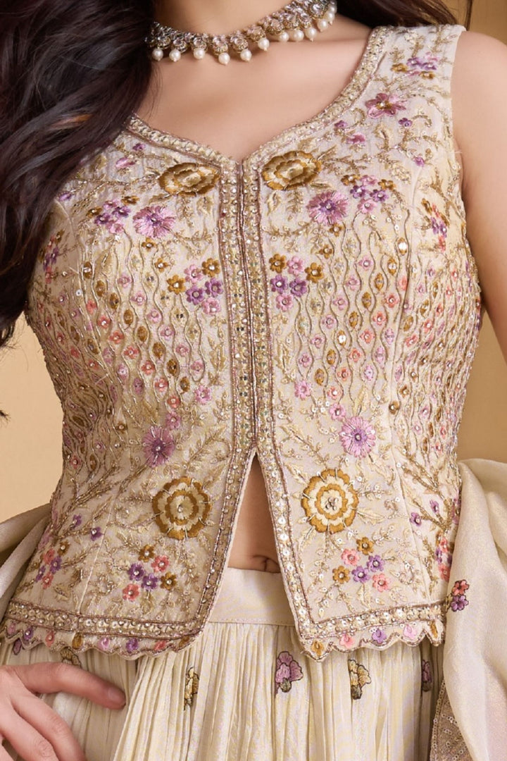 Cream Multicolor Embroidery, Stone, Sequins, Beads and Zardozi work Top with Lehenga