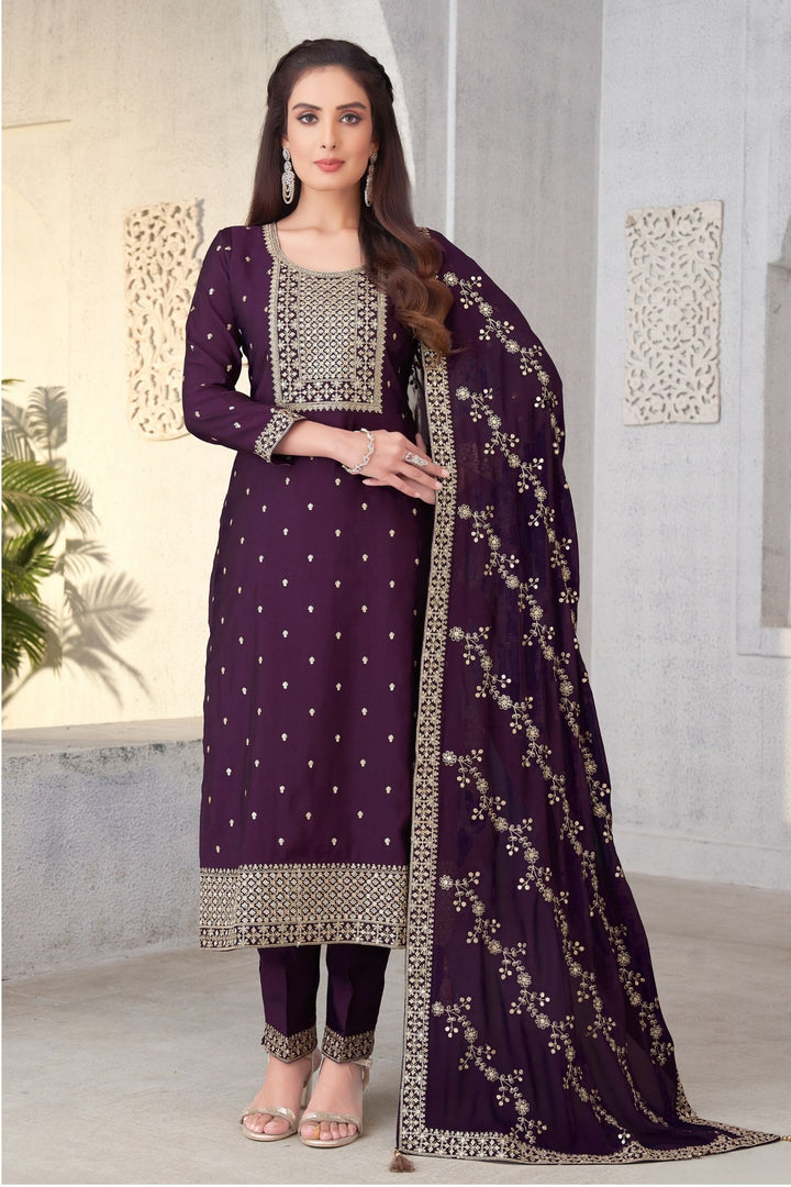 Wine Sequins and Zari work Straight Cut Salwar Suit