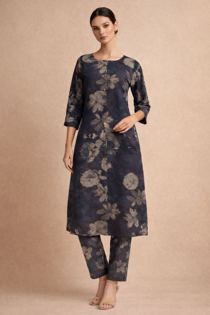 Black Floral Print Calf Length Kurti