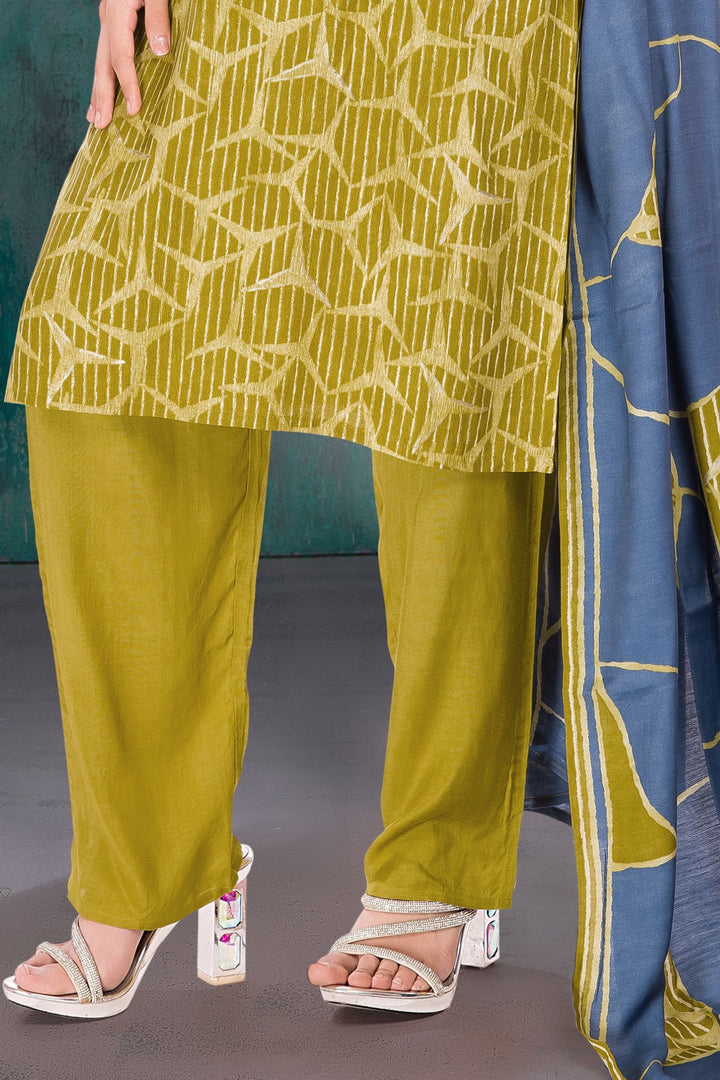 Green Mirror and Beads work with Printed Straight Cut Salwar Suit for Girls