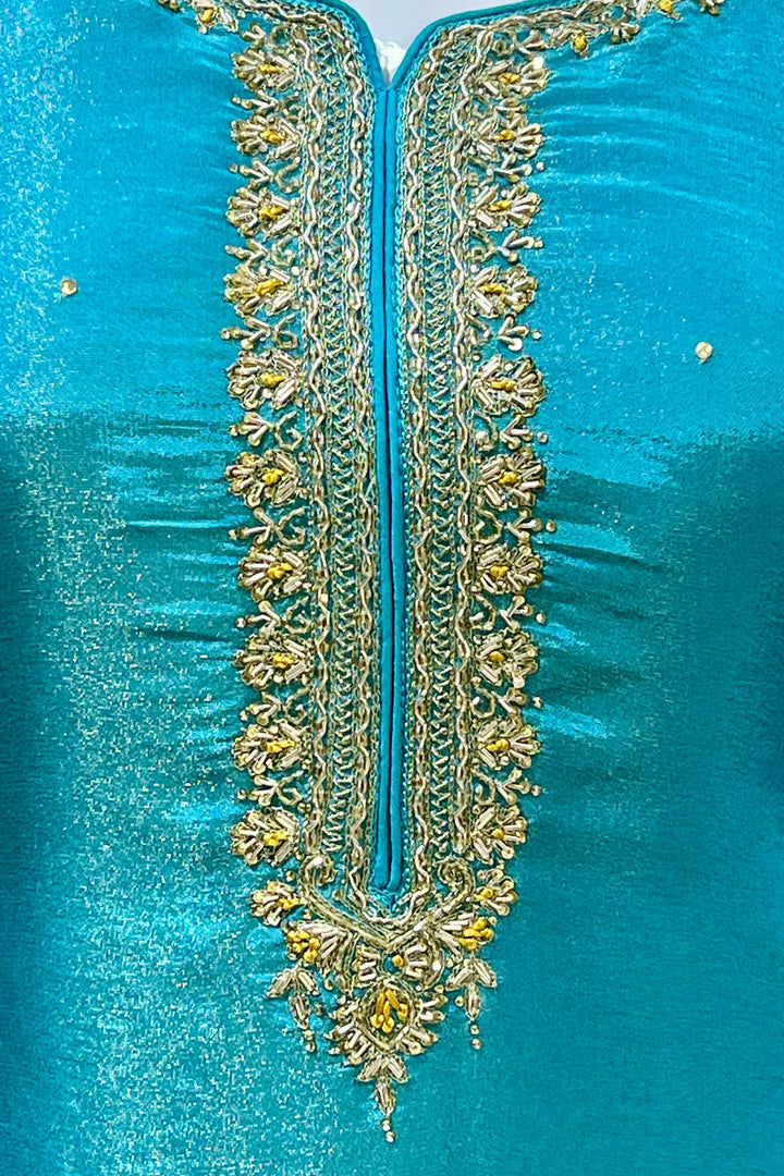 Sky Blue Zardozi, Beads, Zari and Stone work Straight Cut Salwar Suit