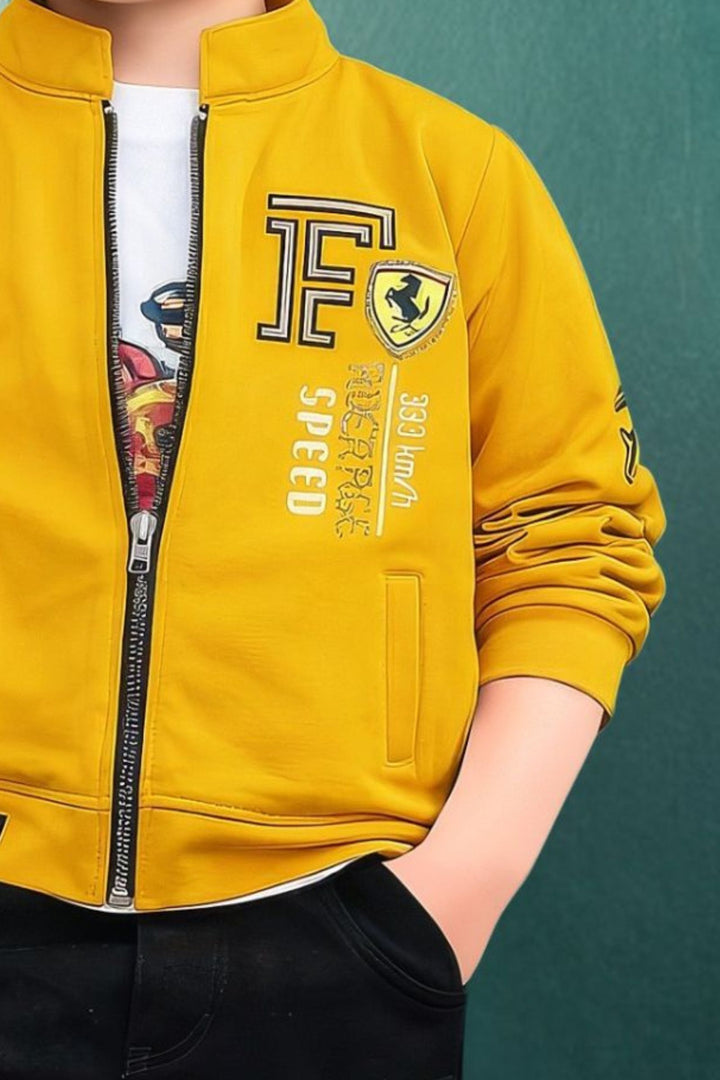 Yellow Boys Jacket Set with White Printed T-Shirt and Black Cargo Pants
