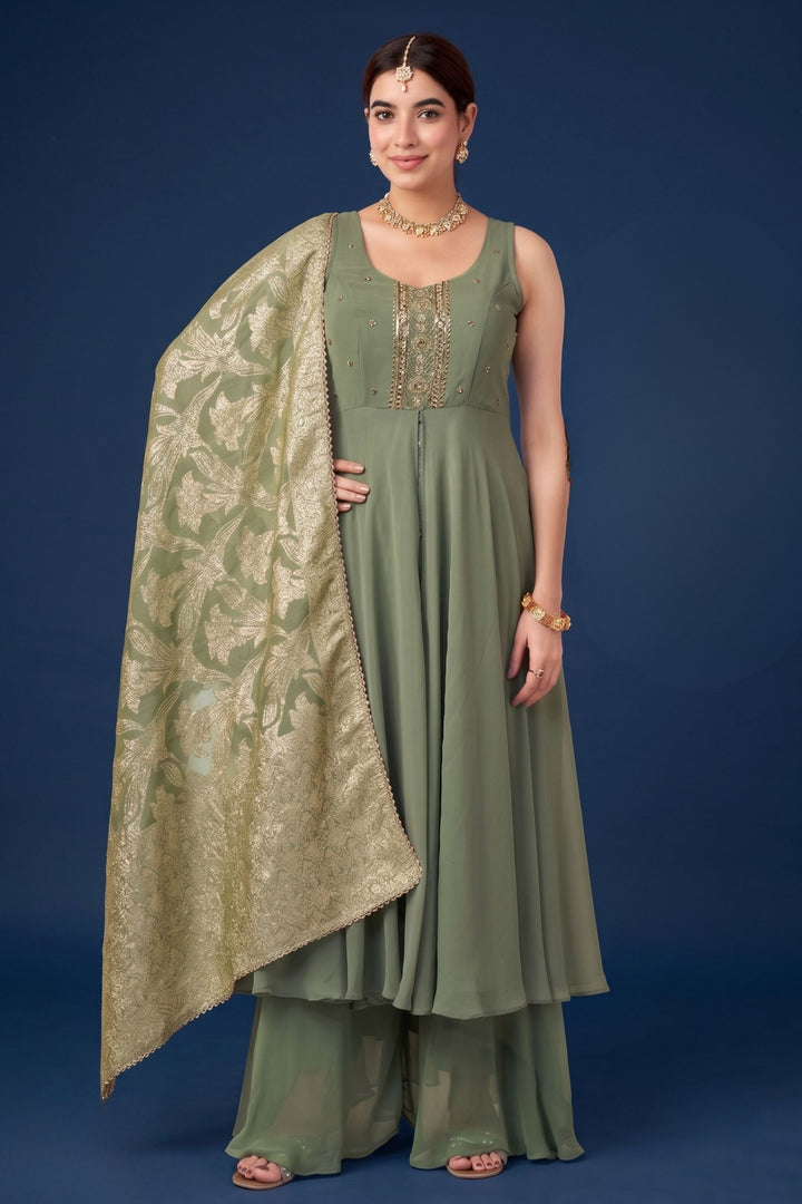 Light Green Zardozi, Mirror, Zari and Stone work Mastani Styled Palazzo Suit