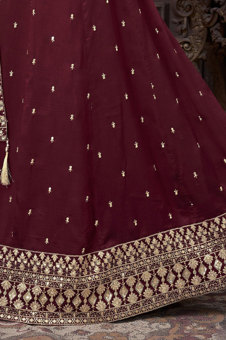 Wine Sequins and Zari work Crop Top Lehenga