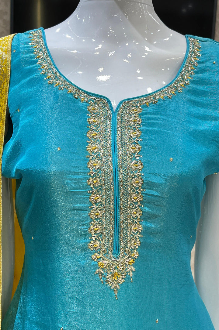 Sky Blue Zardozi, Beads, Zari and Stone work Straight Cut Salwar Suit