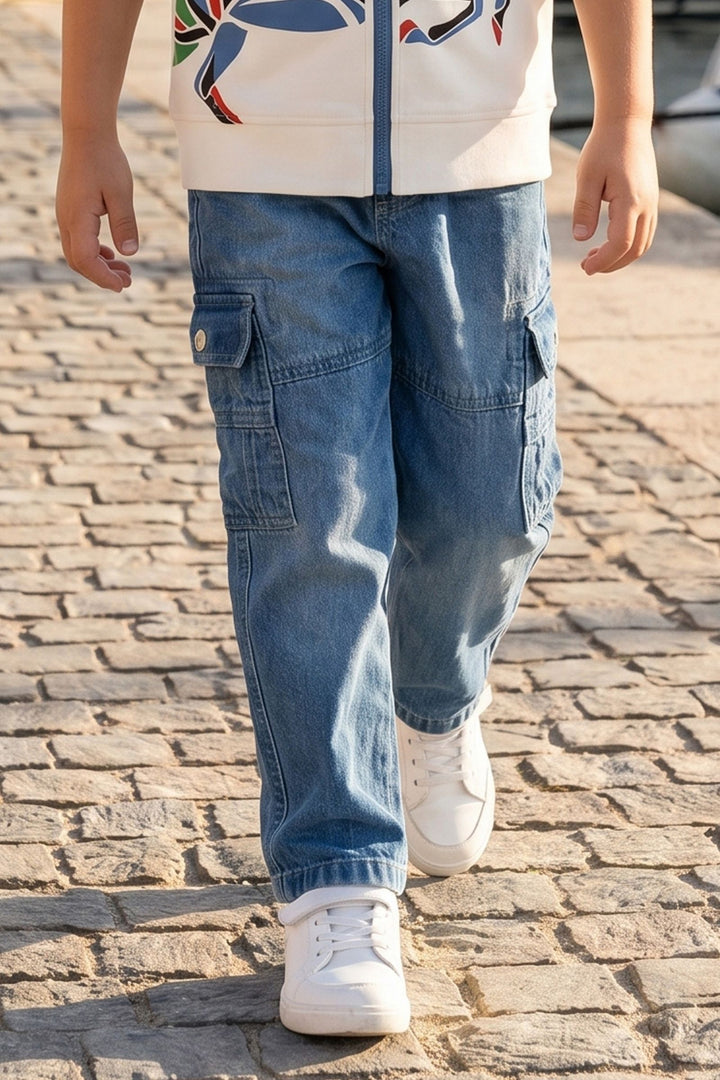 White Blazer, Printed T-Shirt and Blue Pant Set for Boys