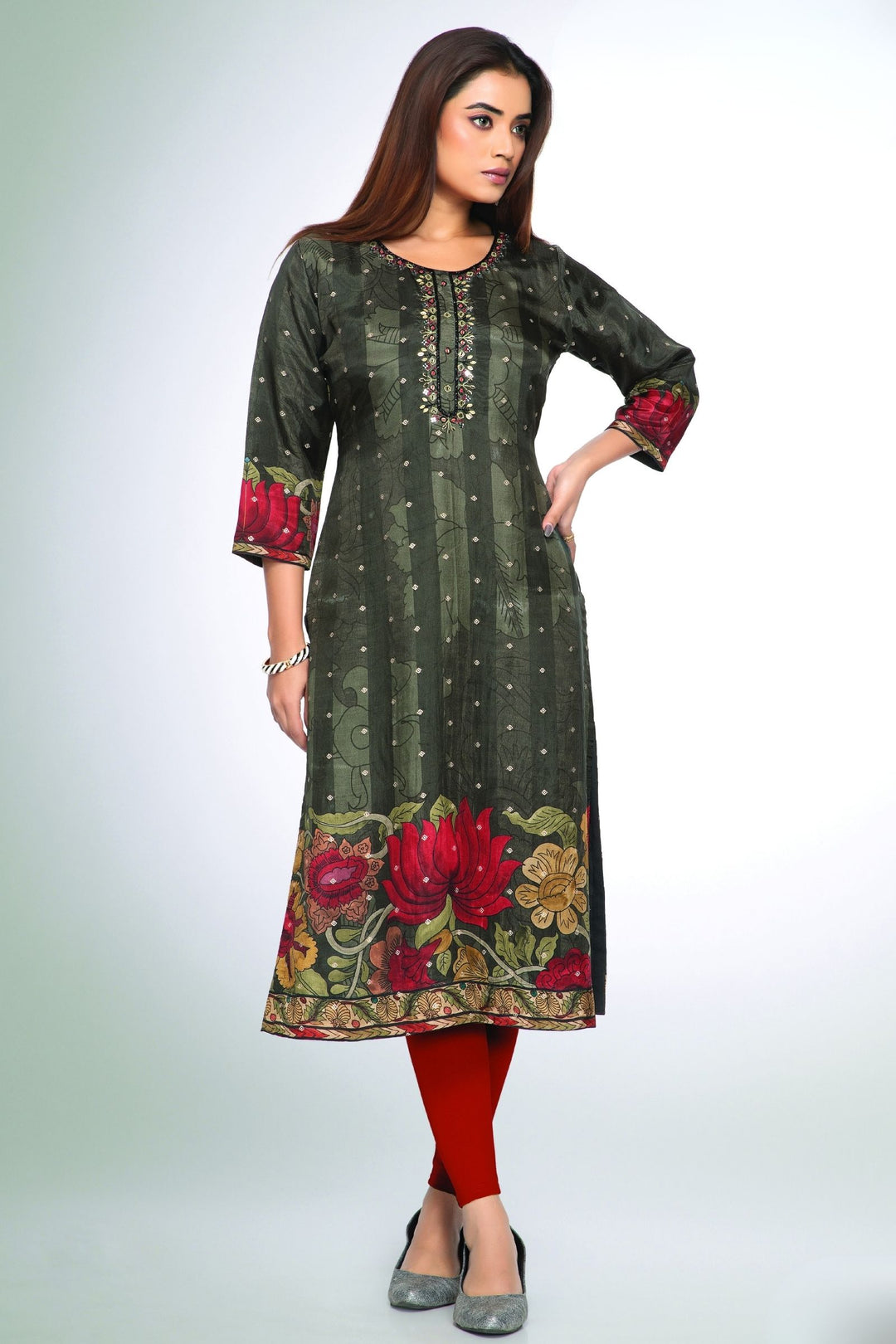 Elephant Grey with Red Floral Print, Beads, Mirror and Banaras Butta work Straight Kurta Set