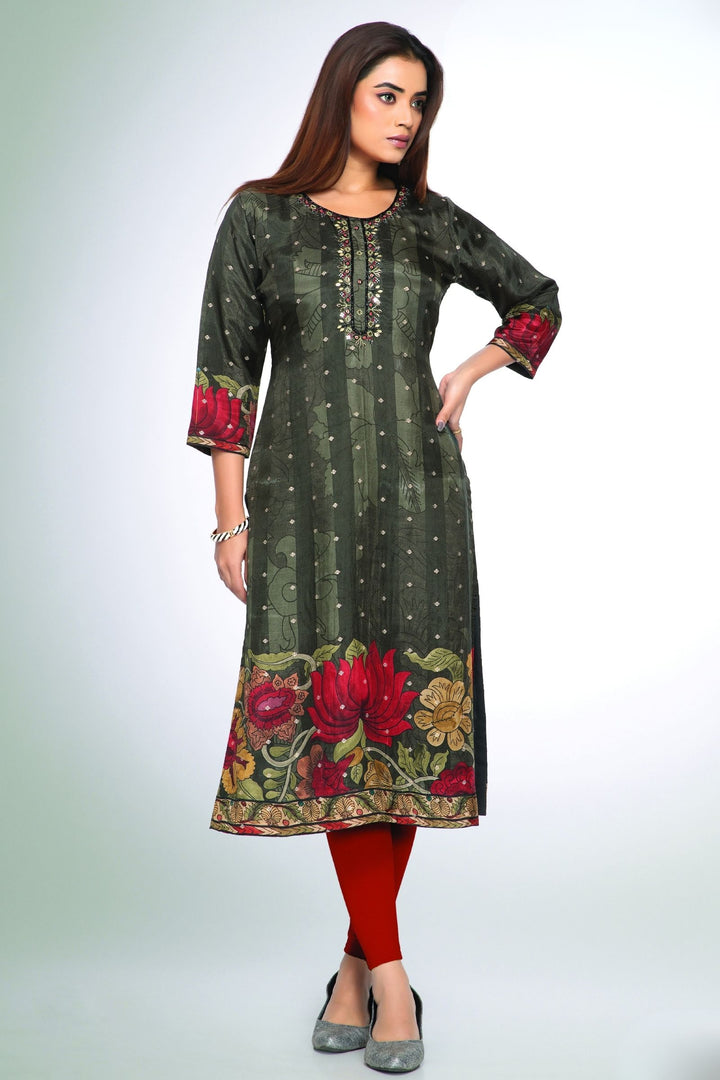 Elephant Grey with Red Floral Print, Beads, Mirror and Banaras Butta work Straight Kurta Set