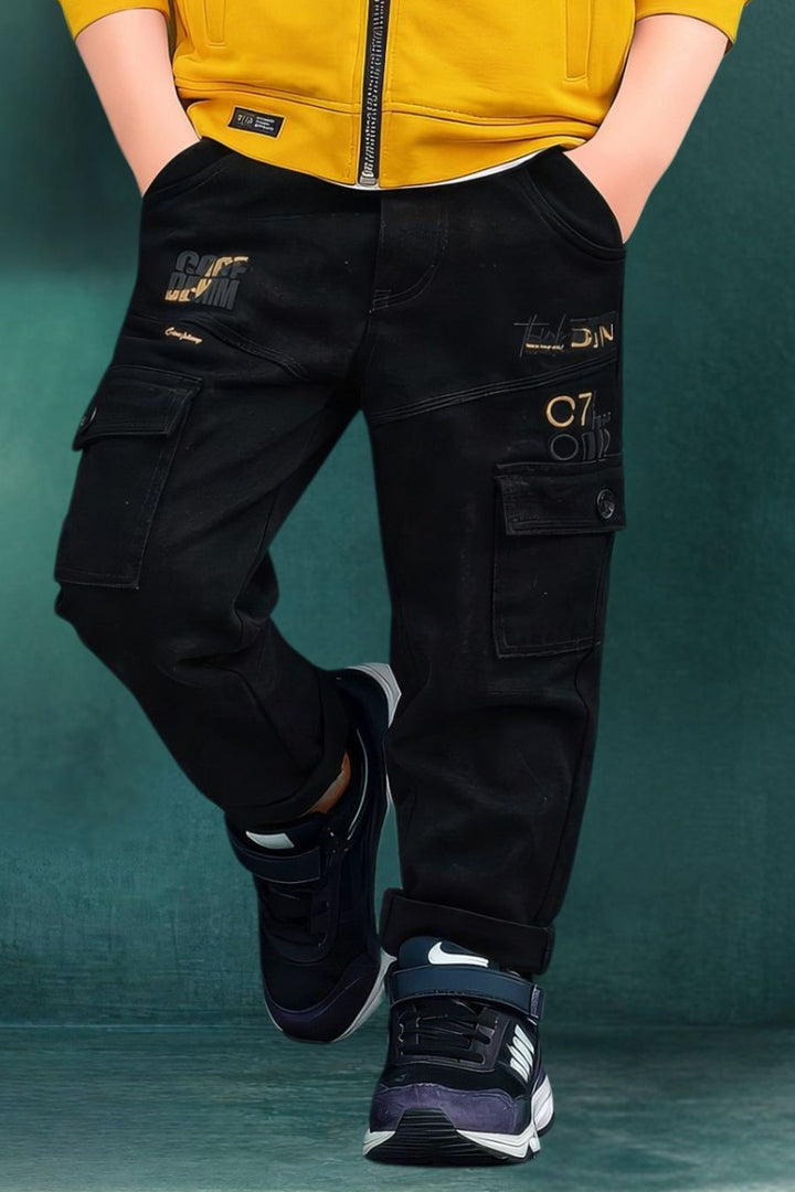 Yellow Boys Jacket Set with White Printed T-Shirt and Black Cargo Pants